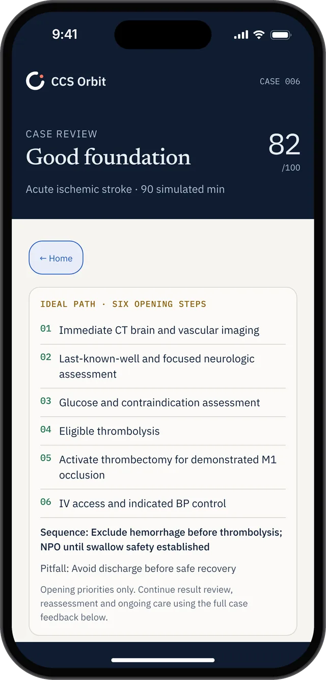 CCS Orbit case review with an 82 out of 100 result and an ideal path listing six opening priorities for the sample stroke case.