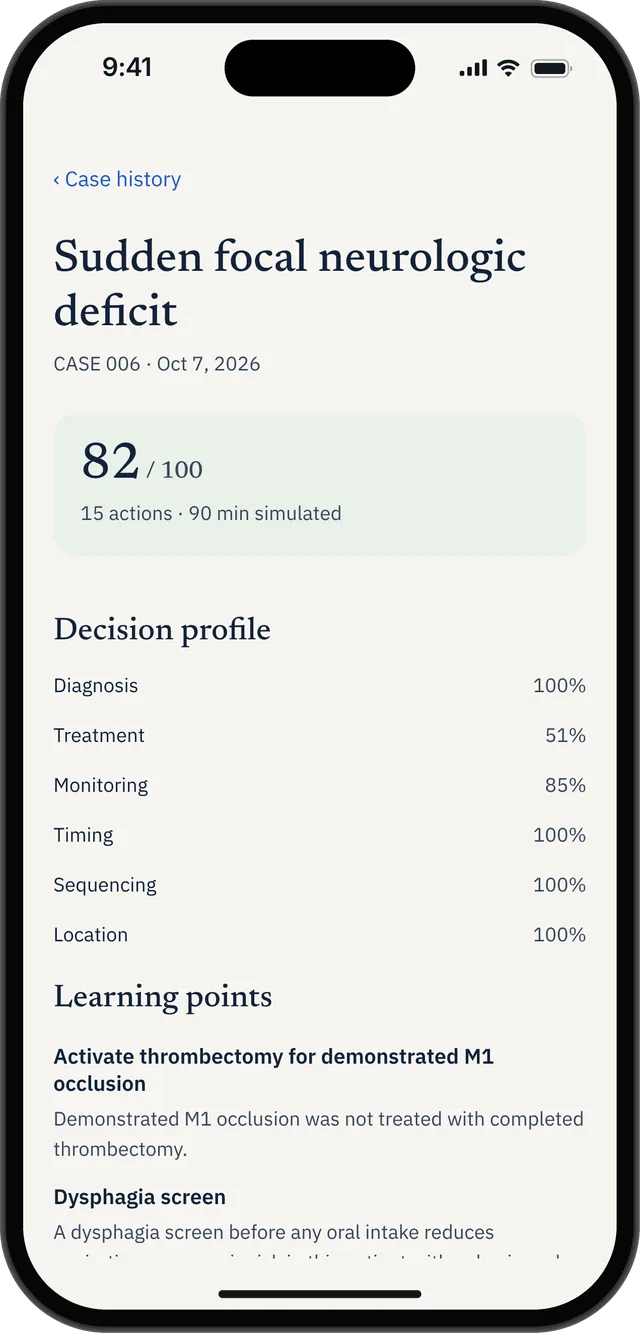 Saved CCS Orbit case attempt showing its score, 15 actions, 90 minutes of simulated time, domain breakdown and learning points.