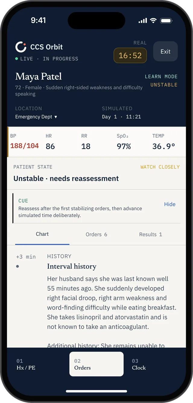 CCS Orbit on iPhone: a stroke practice case showing vital signs, care location, separate real and simulated clocks, and a Learn mode reassessment cue.
