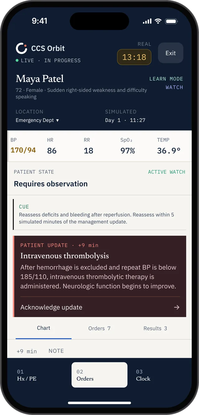 A CCS Orbit practice case after initial management, with updated vital signs and a patient update that prompts reassessment.