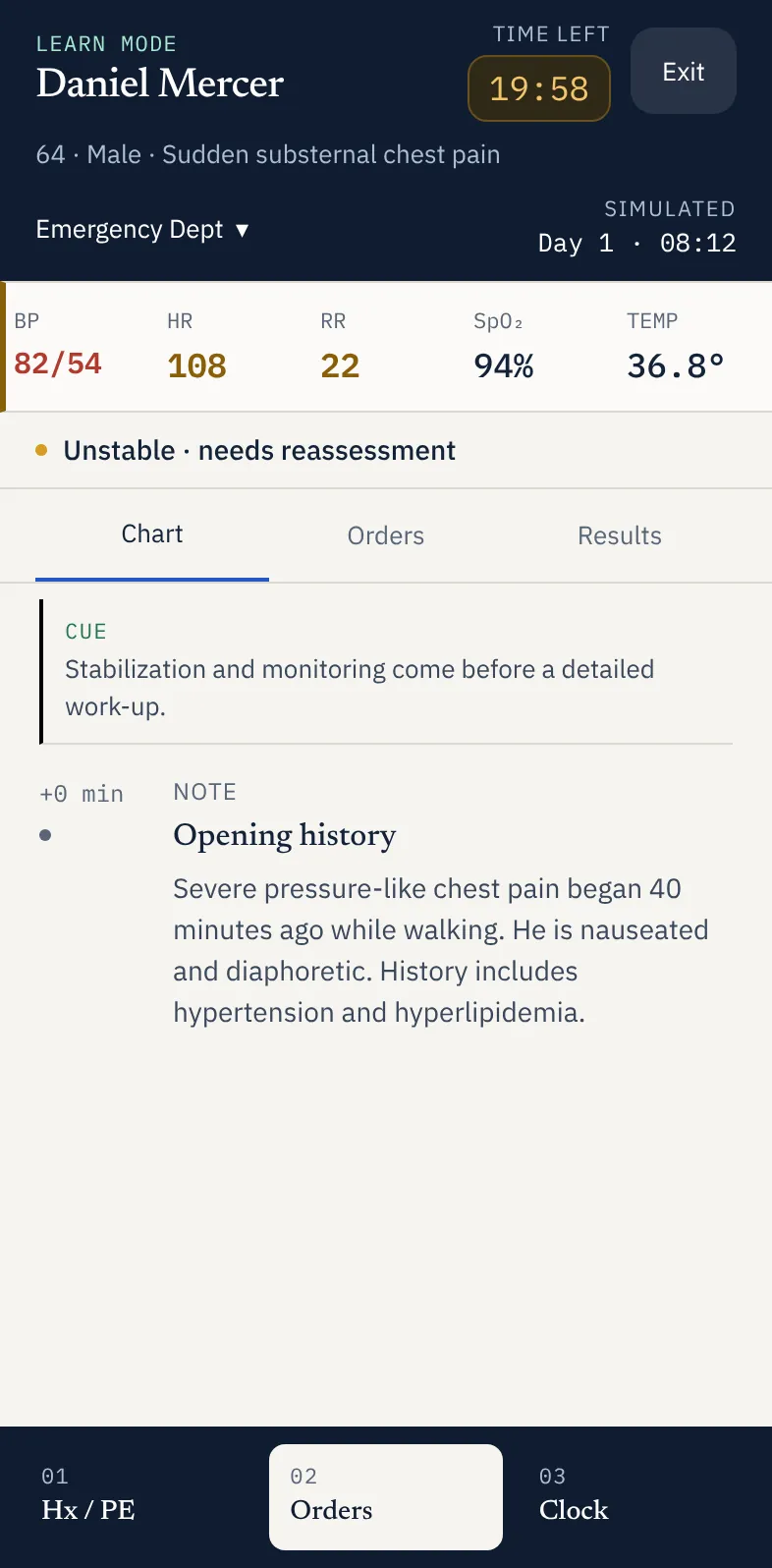 CCS Orbit fictional chest-pain case showing current location, vital signs and a reassessment cue