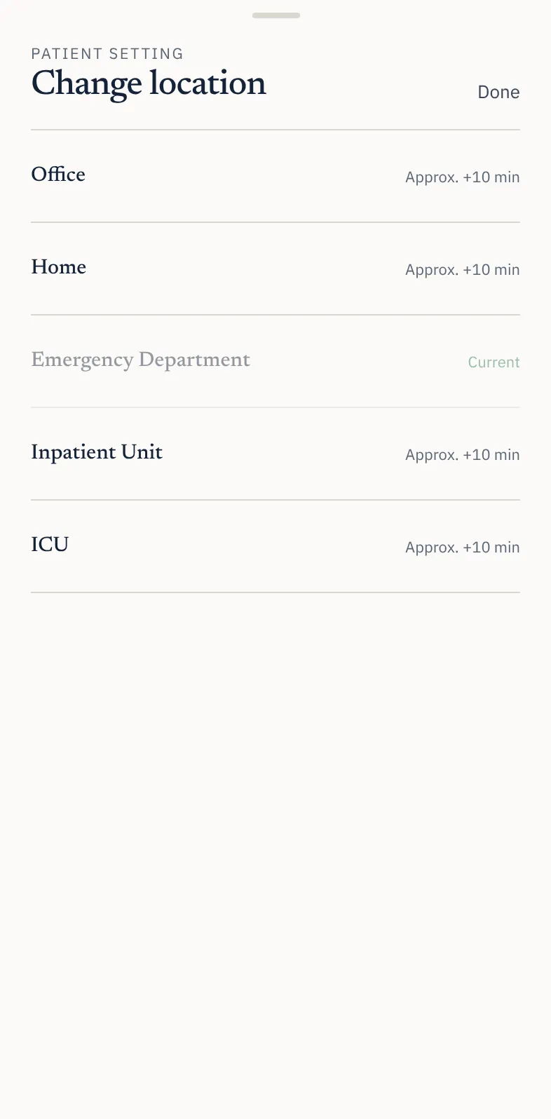 CCS Orbit location selector showing office, home, emergency department, inpatient unit and ICU