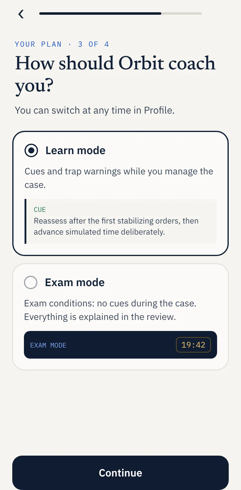 CCS Orbit coaching setup showing Learn mode with cues and trap warnings, and Exam mode without in-case teaching cues.