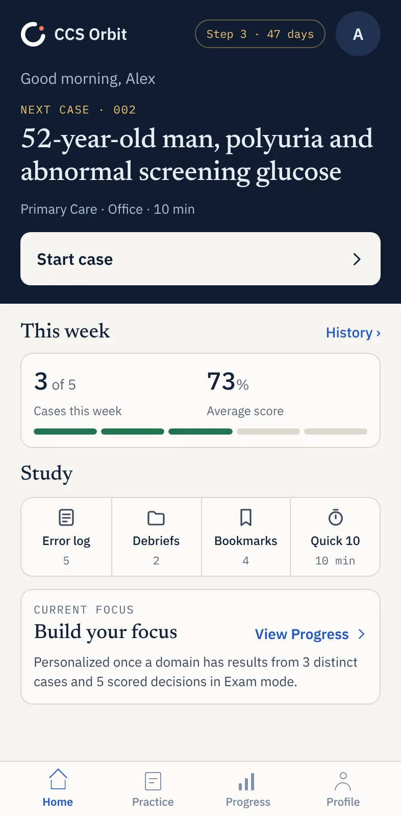 CCS Orbit Home screen with a sample study profile, next-case preview and shortcuts to review tools
